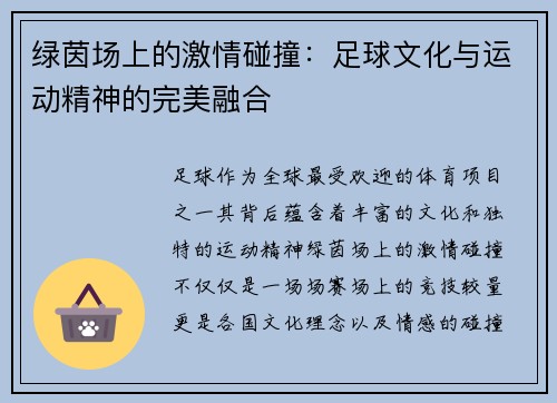 绿茵场上的激情碰撞：足球文化与运动精神的完美融合